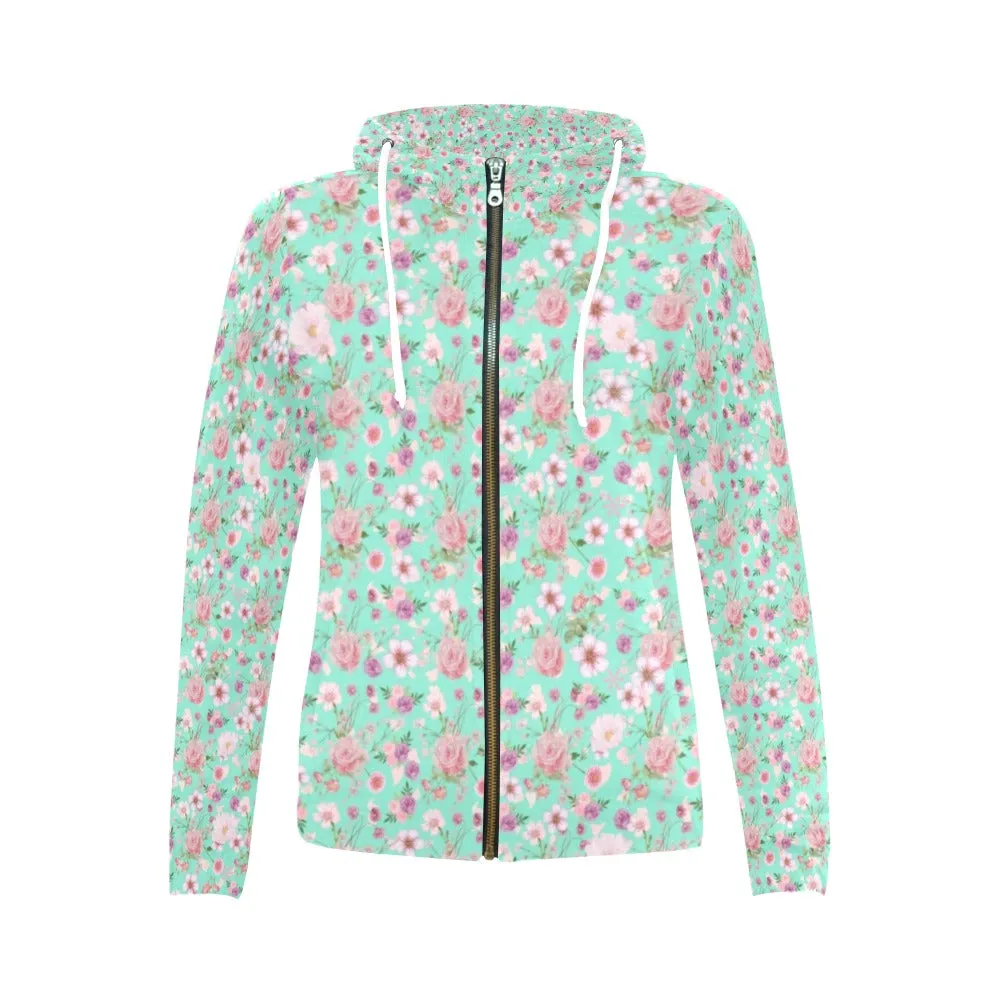 Aqua Floral Full Zip Hoodie up to 2 XL