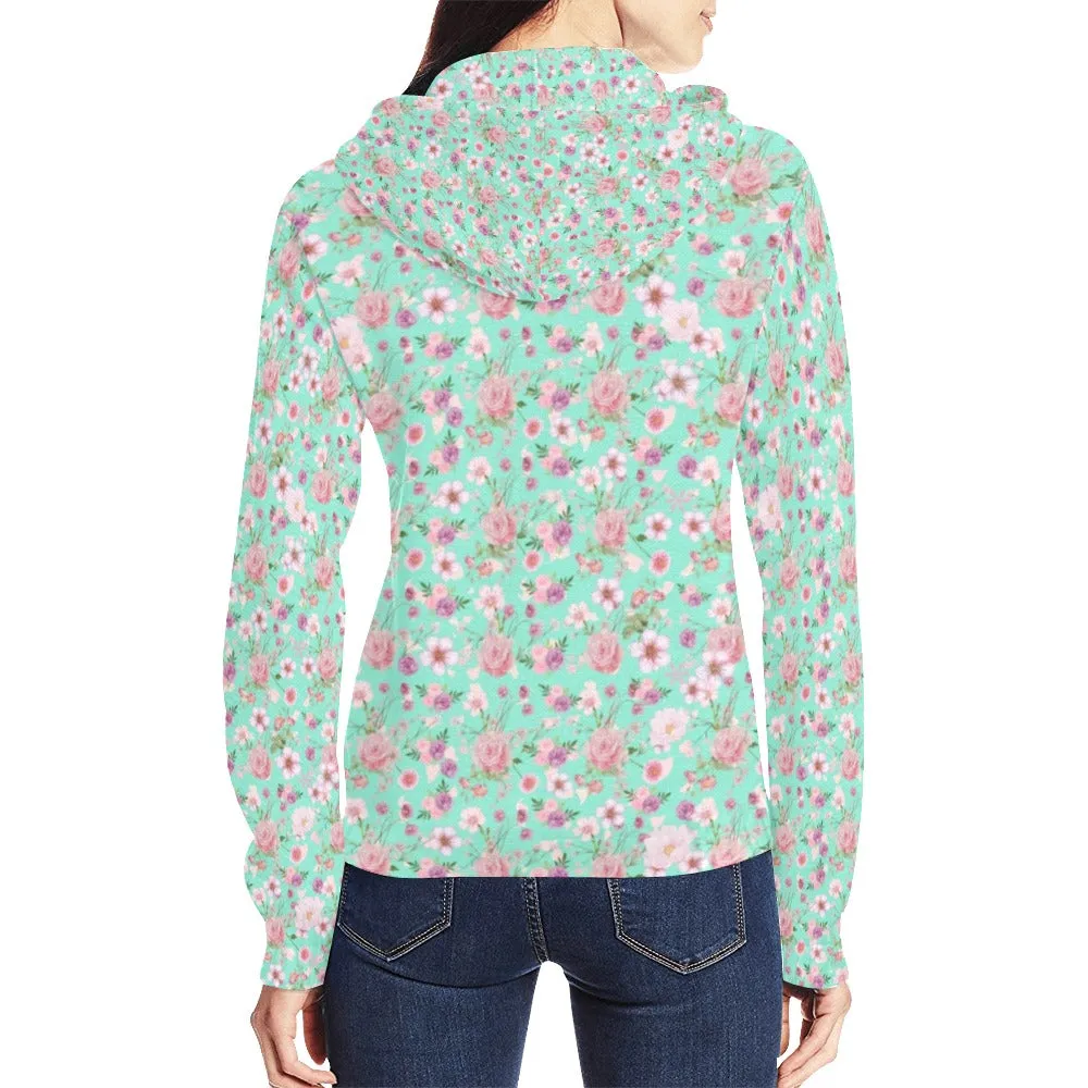 Aqua Floral Full Zip Hoodie up to 2 XL