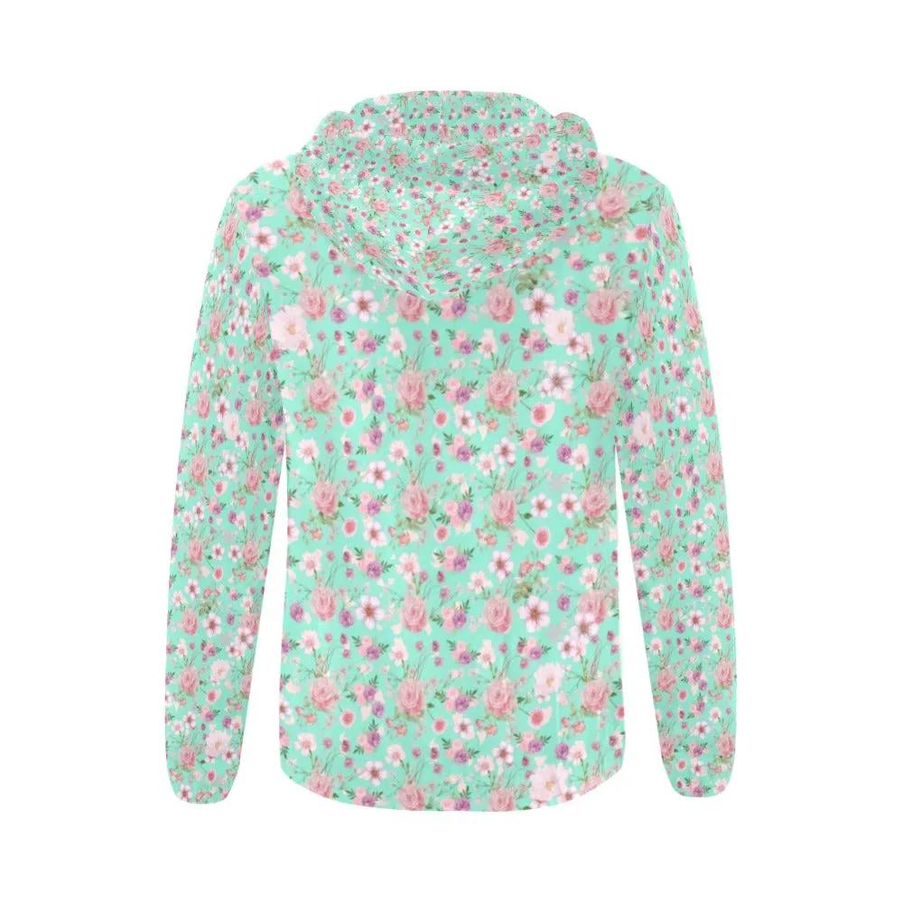 Aqua Floral Full Zip Hoodie up to 2 XL