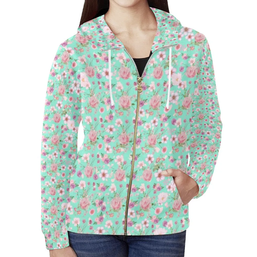 Aqua Floral Full Zip Hoodie up to 2 XL