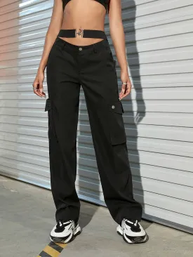 Asymmetrical Waistband Flap Pocket Side Cargo Pant