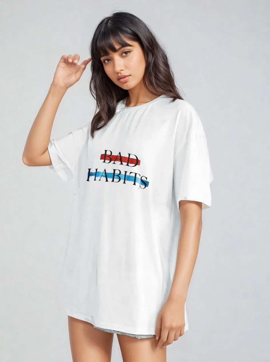 Bad Habits- Oversized White Women Cotton Tshirt