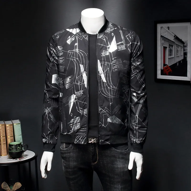 Black Bomber Jacket Men Line Printing Casual