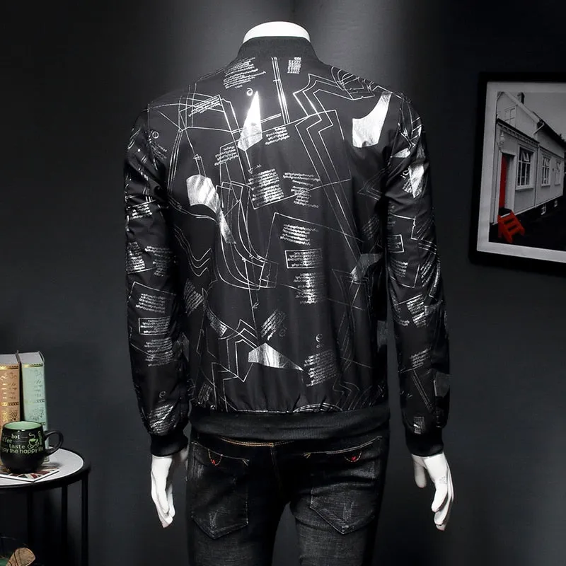 Black Bomber Jacket Men Line Printing Casual