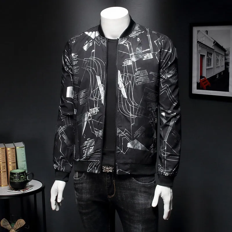 Black Bomber Jacket Men Line Printing Casual