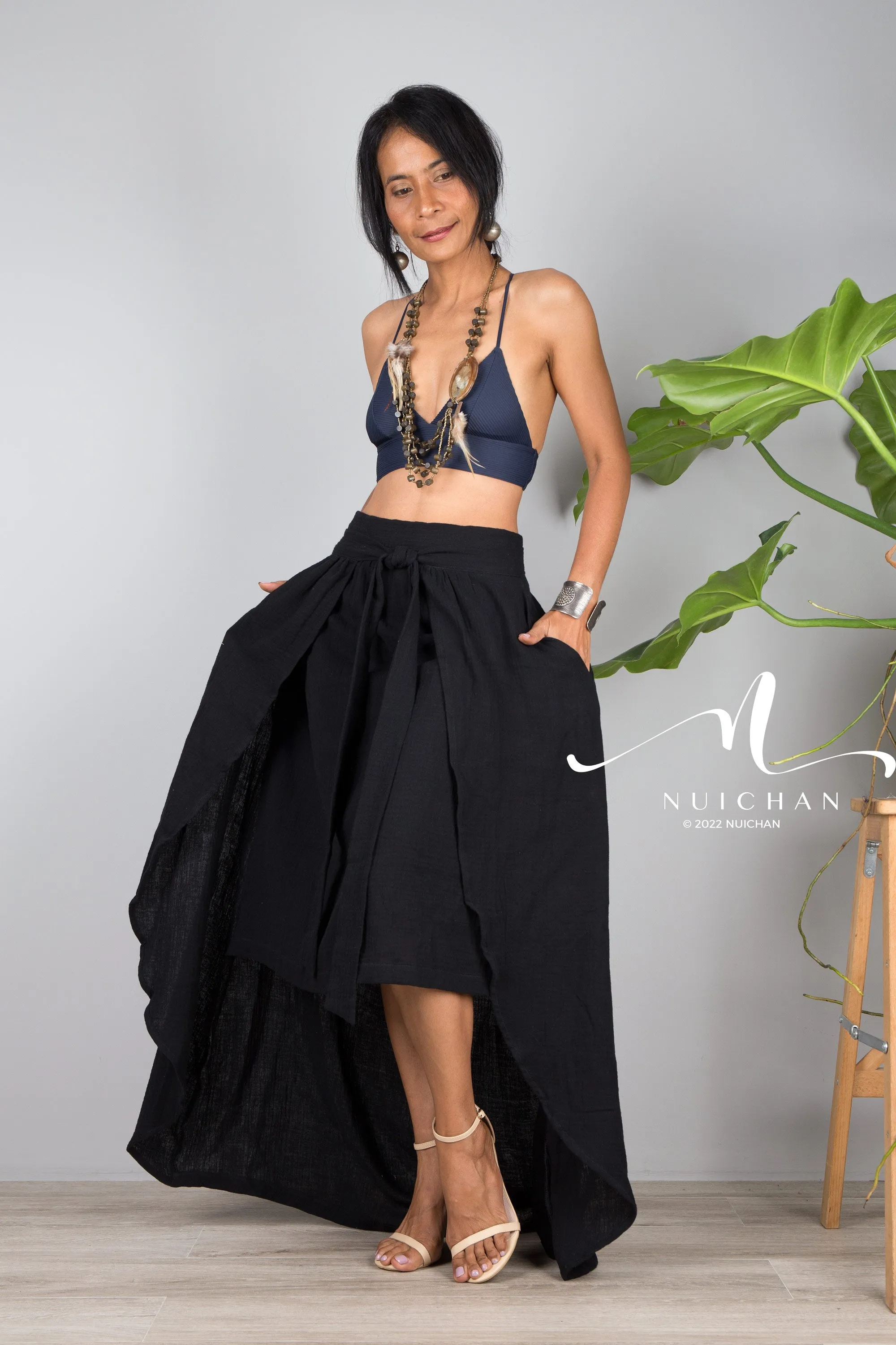 Black cotton wrap skirt