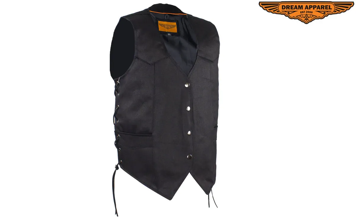 Black Denim Vest with Leather Side Laces