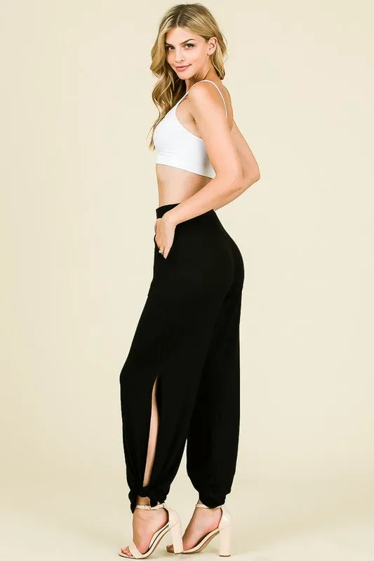 Black Split Side Tied Hem Pants