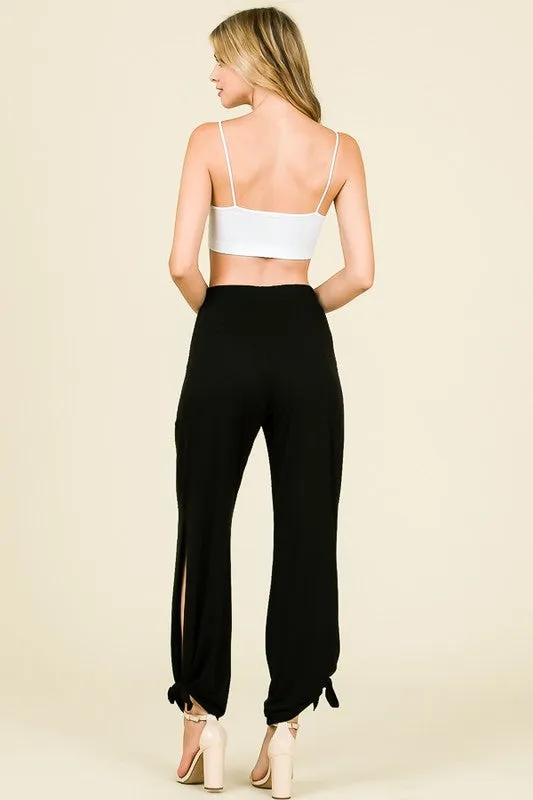 Black Split Side Tied Hem Pants