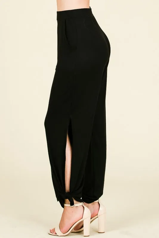 Black Split Side Tied Hem Pants