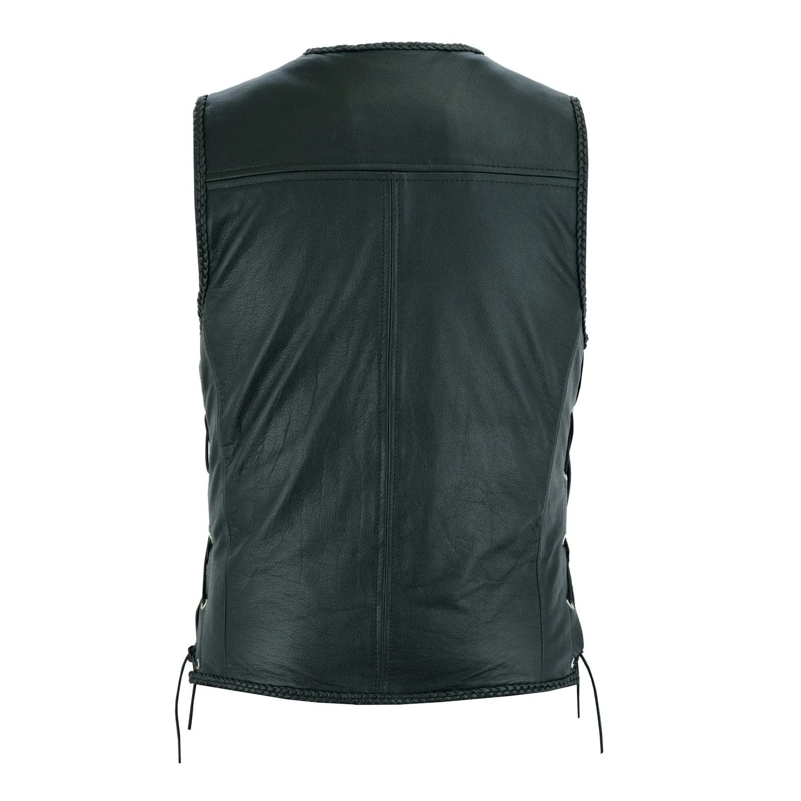 Braided Mens Leather Waistcoat Motorcycle Biker Vest Black with Hooks