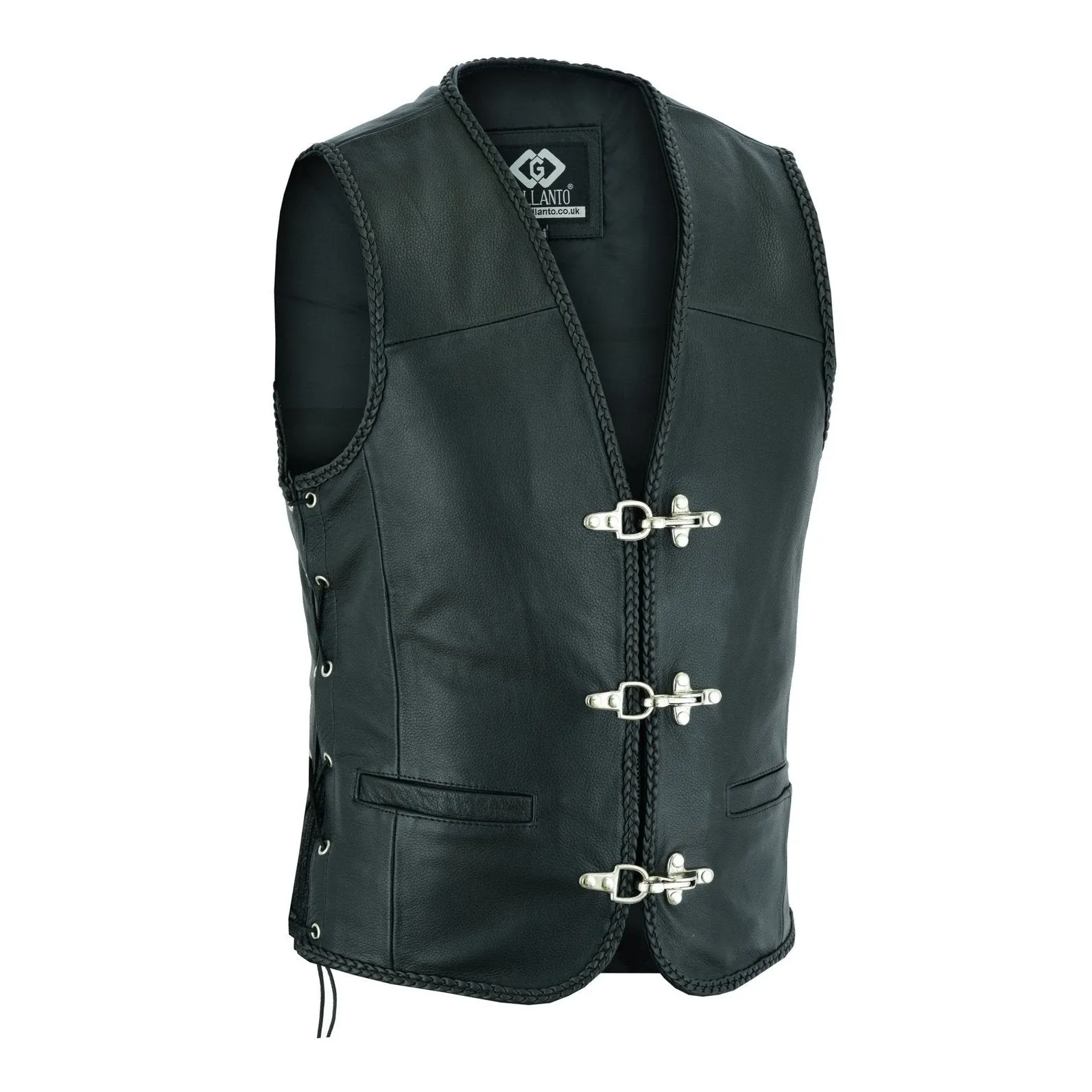 Braided Mens Leather Waistcoat Motorcycle Biker Vest Black with Hooks