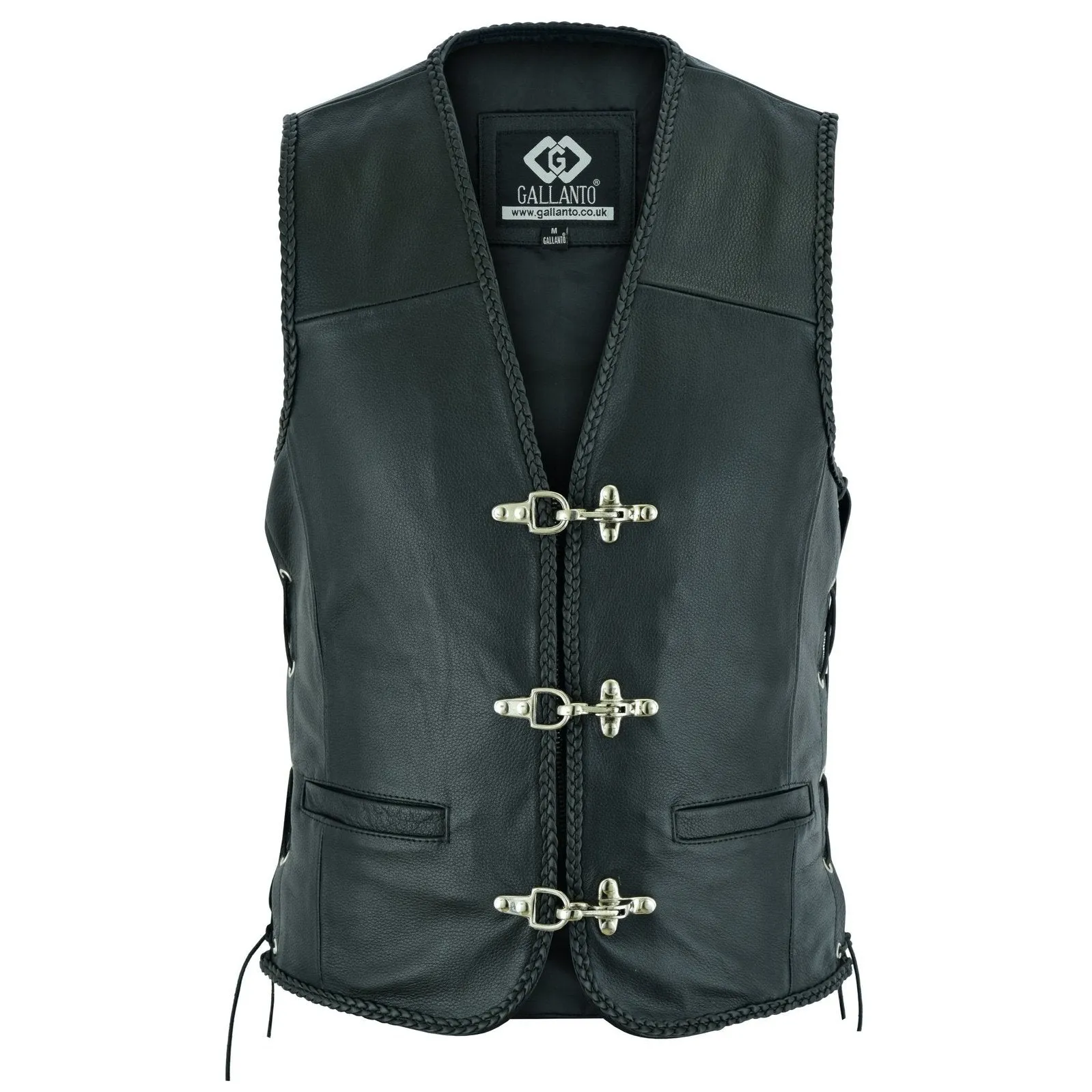 Braided Mens Leather Waistcoat Motorcycle Biker Vest Black with Hooks