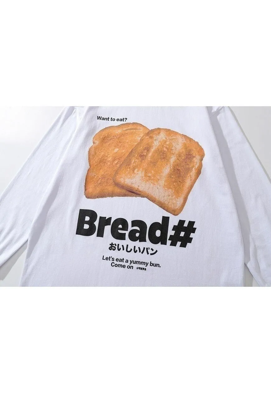 Bread print t-shirt old food long tee retro toast top white