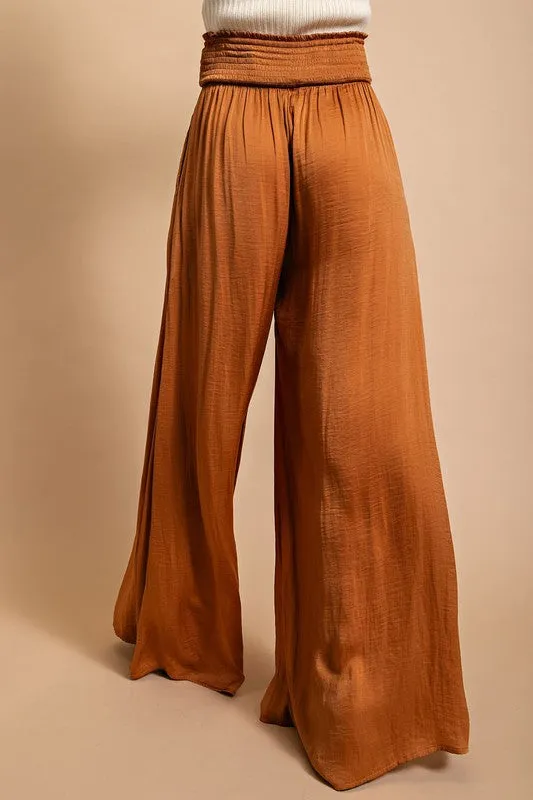 Camel Washed Satin Wide Pant