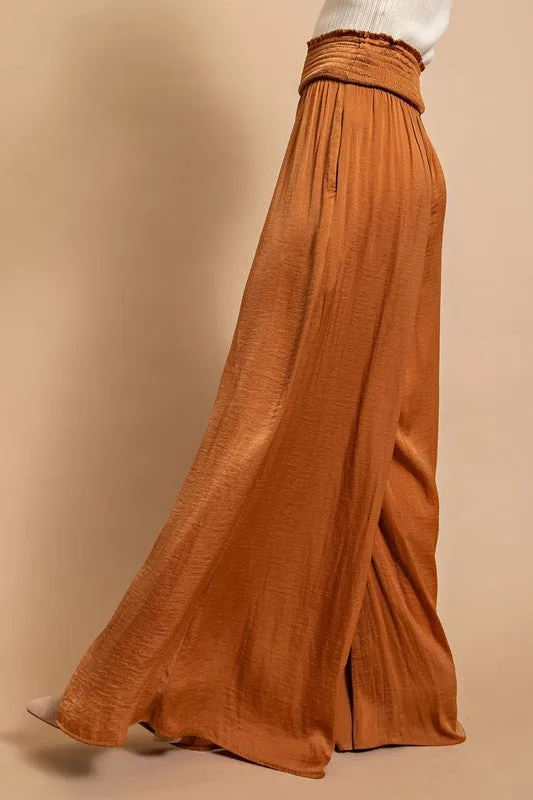 Camel Washed Satin Wide Pant