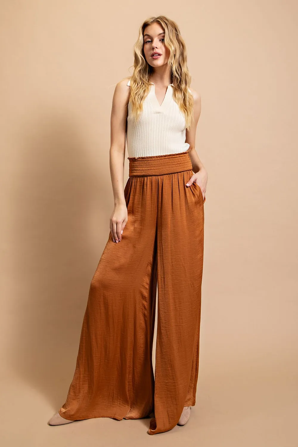 Camel Washed Satin Wide Pant