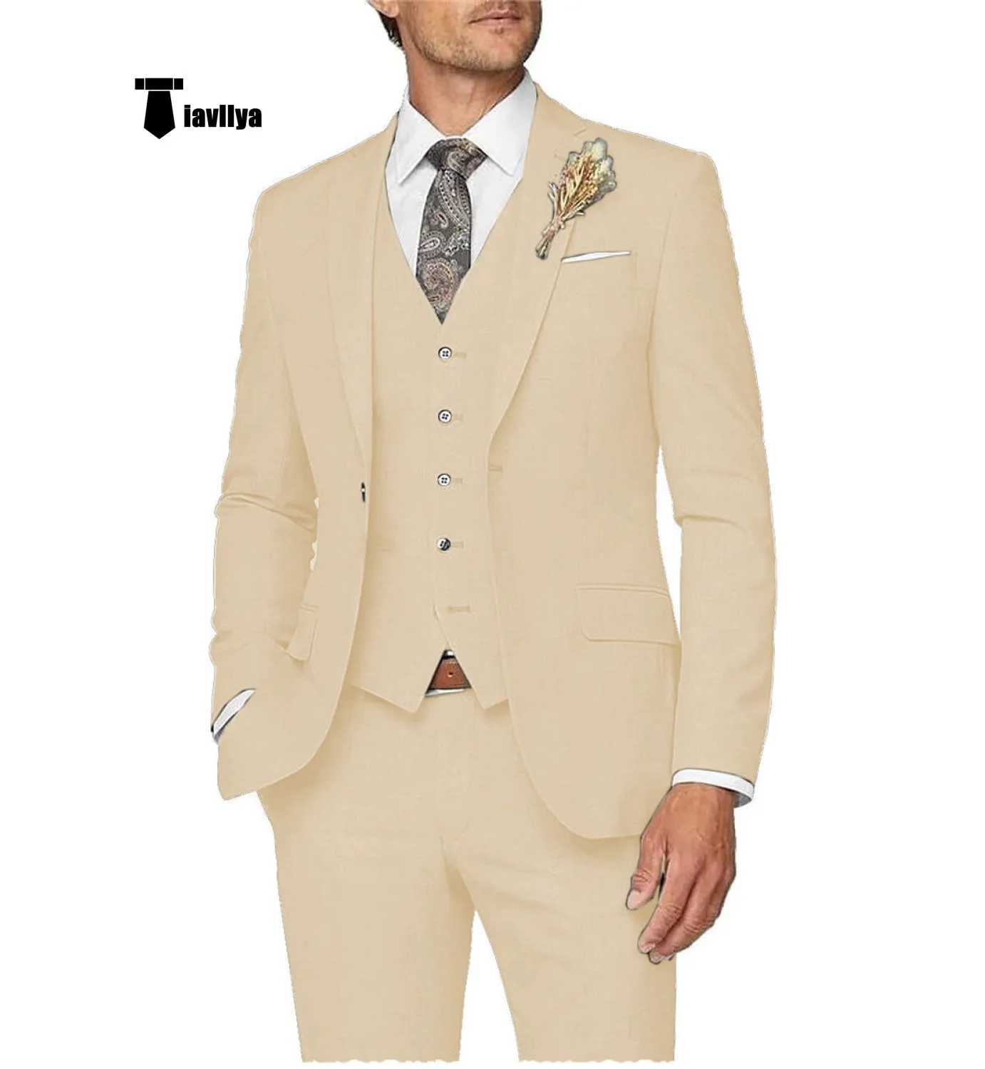 Casual Men's 3 Pieces Mens Suit Notch Lapel Linen For Wedding (Blazer vest Pants)