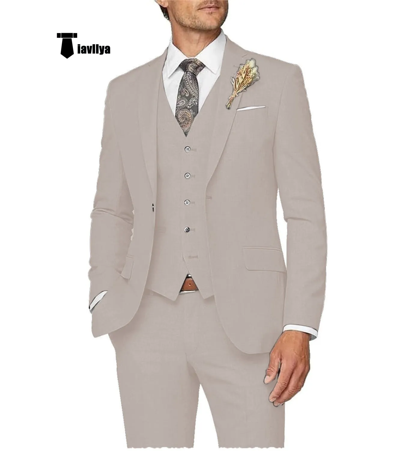 Casual Men's 3 Pieces Mens Suit Notch Lapel Linen For Wedding (Blazer vest Pants)