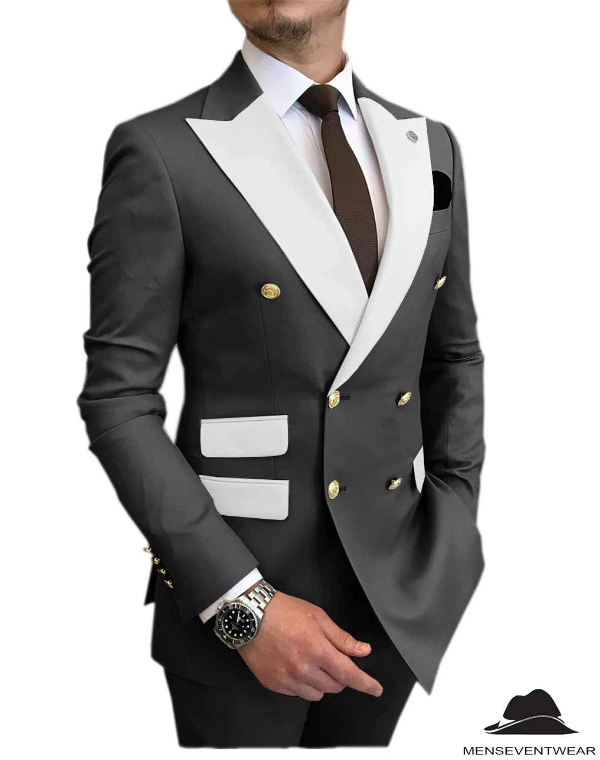 Casual Men's Suit Slim Fit Double Breasted 2 Piece Business Tuxedos (Blazer Pants)