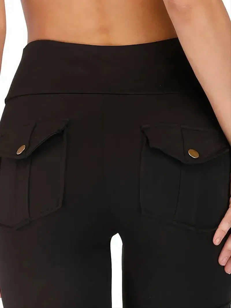 Casual Solid High Waist Pockets Cargo Leggings Pants