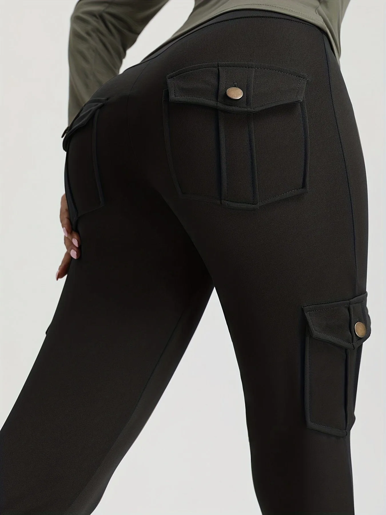 Casual Solid High Waist Pockets Cargo Leggings Pants