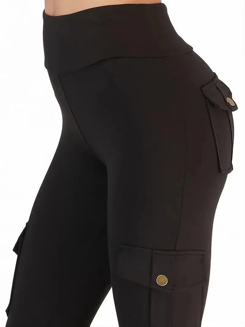 Casual Solid High Waist Pockets Cargo Leggings Pants