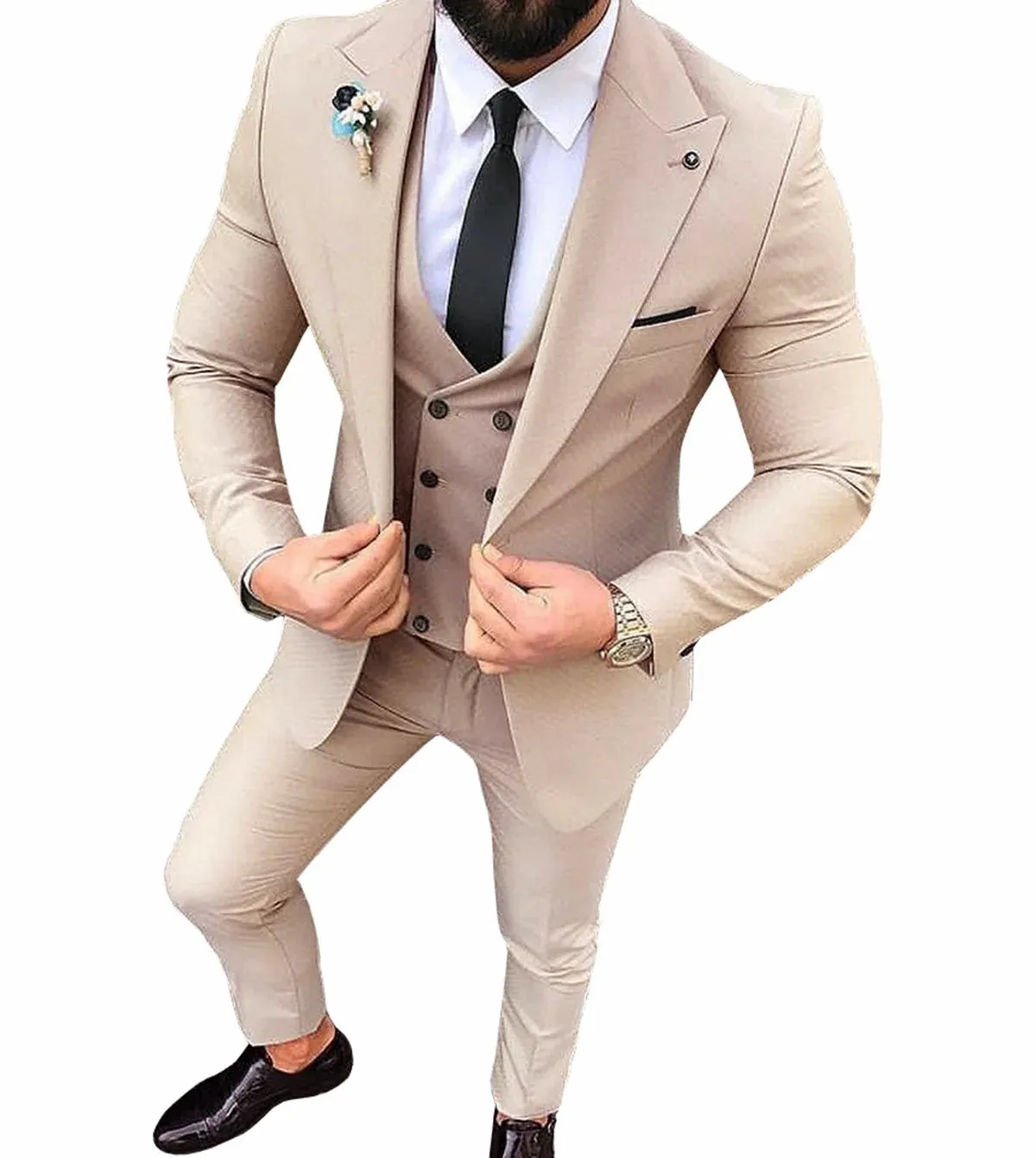 Causal Men's 3 Pieces Slim Fit Solid Color Peak Lapel Tuxedos For Wedding (Blazer vest Pants)