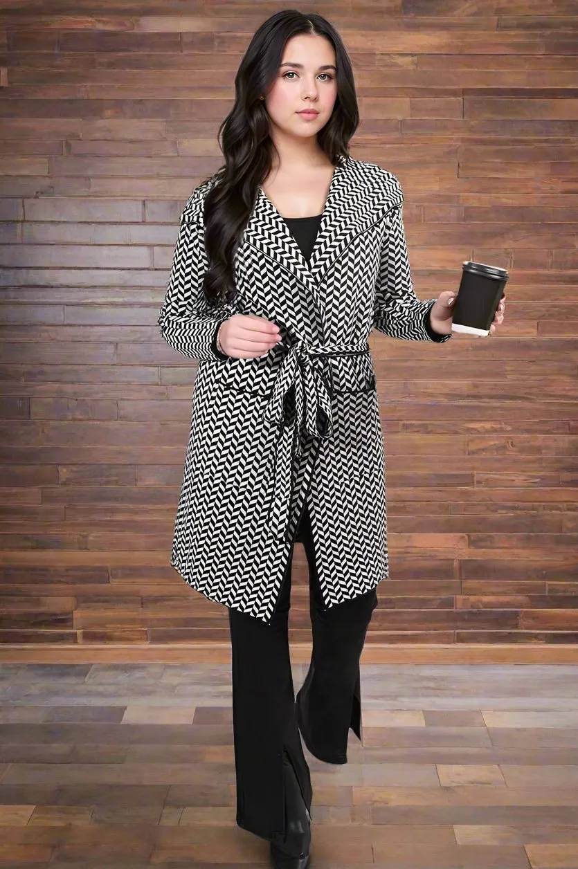 Check Print Full Sleeve Notched Lapel Collar Neck Belted Coat