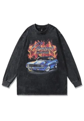 Chevrolet t-shirt retro car print long sleeve tee acid black