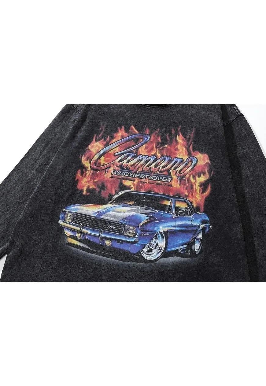 Chevrolet t-shirt retro car print long sleeve tee acid black