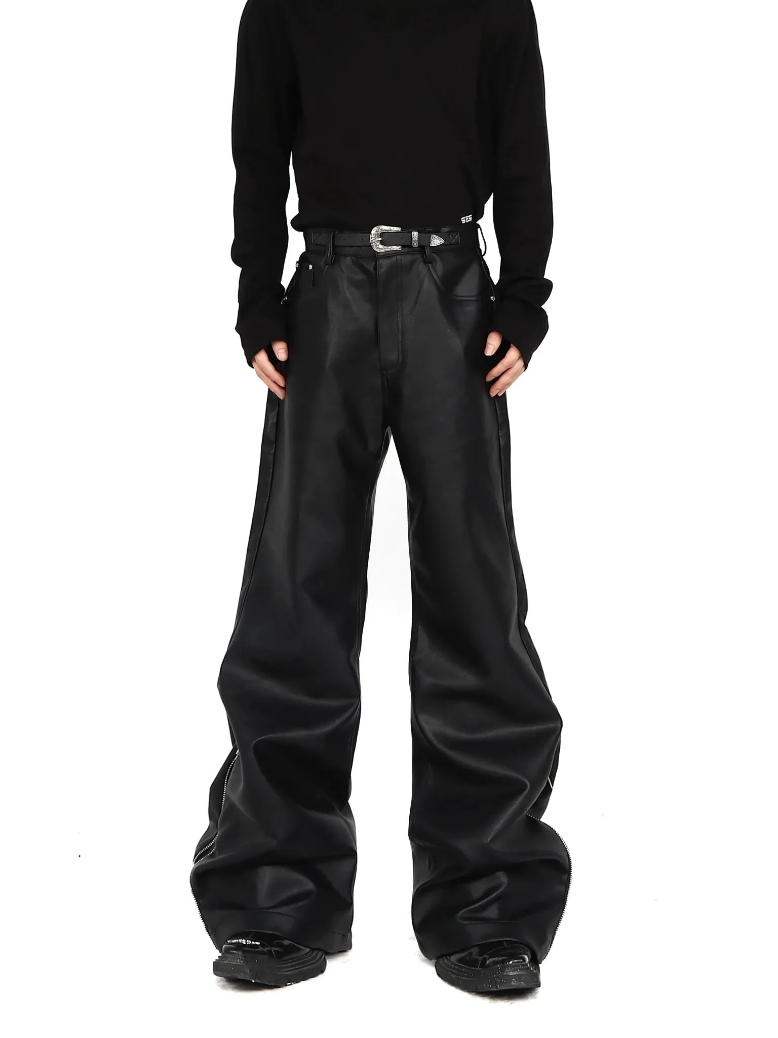 Chic Faux Leather Wide-Leg Pants with Zipper Split and Metal Buckle