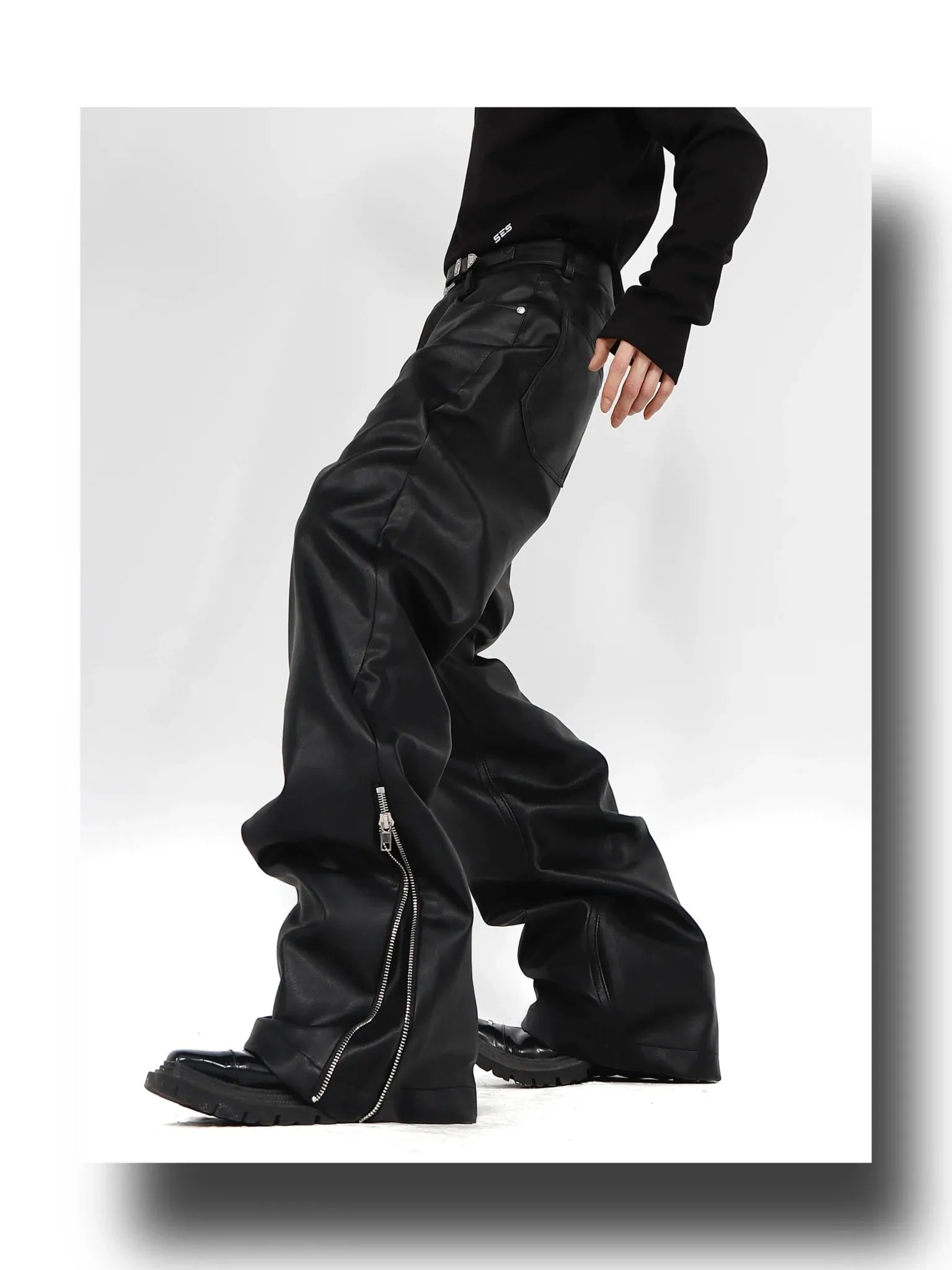 Chic Faux Leather Wide-Leg Pants with Zipper Split and Metal Buckle