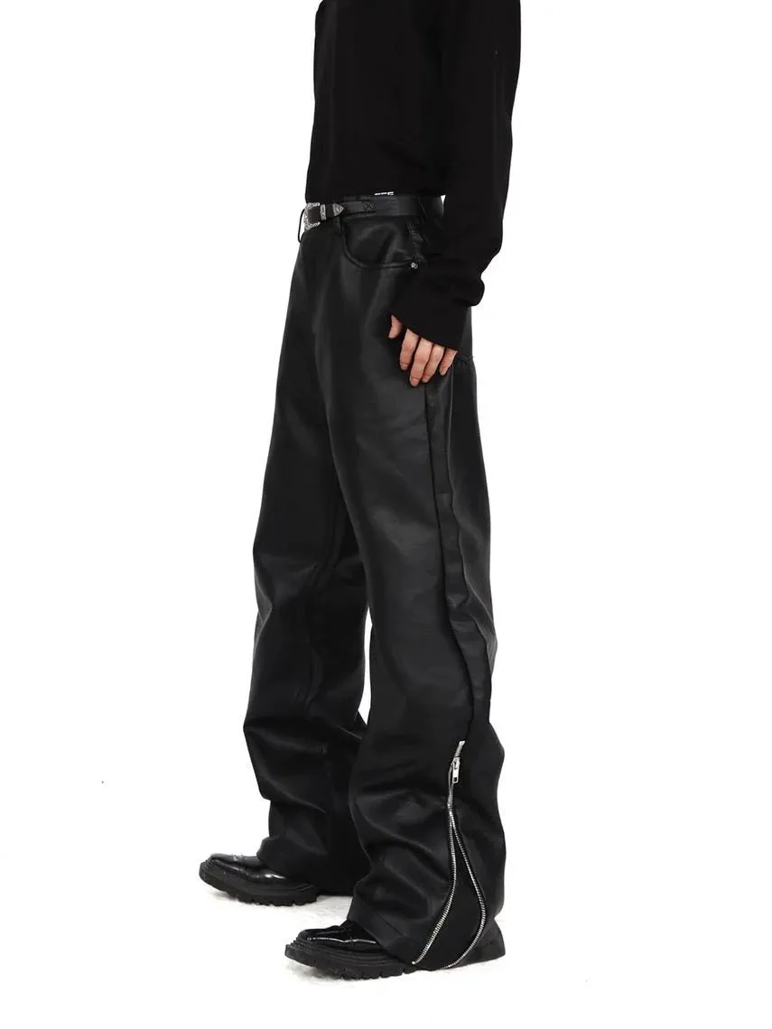 Chic Faux Leather Wide-Leg Pants with Zipper Split and Metal Buckle