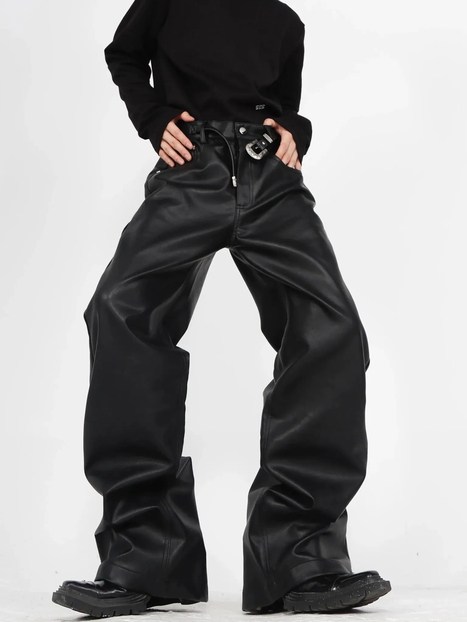 Chic Faux Leather Wide-Leg Pants with Zipper Split and Metal Buckle