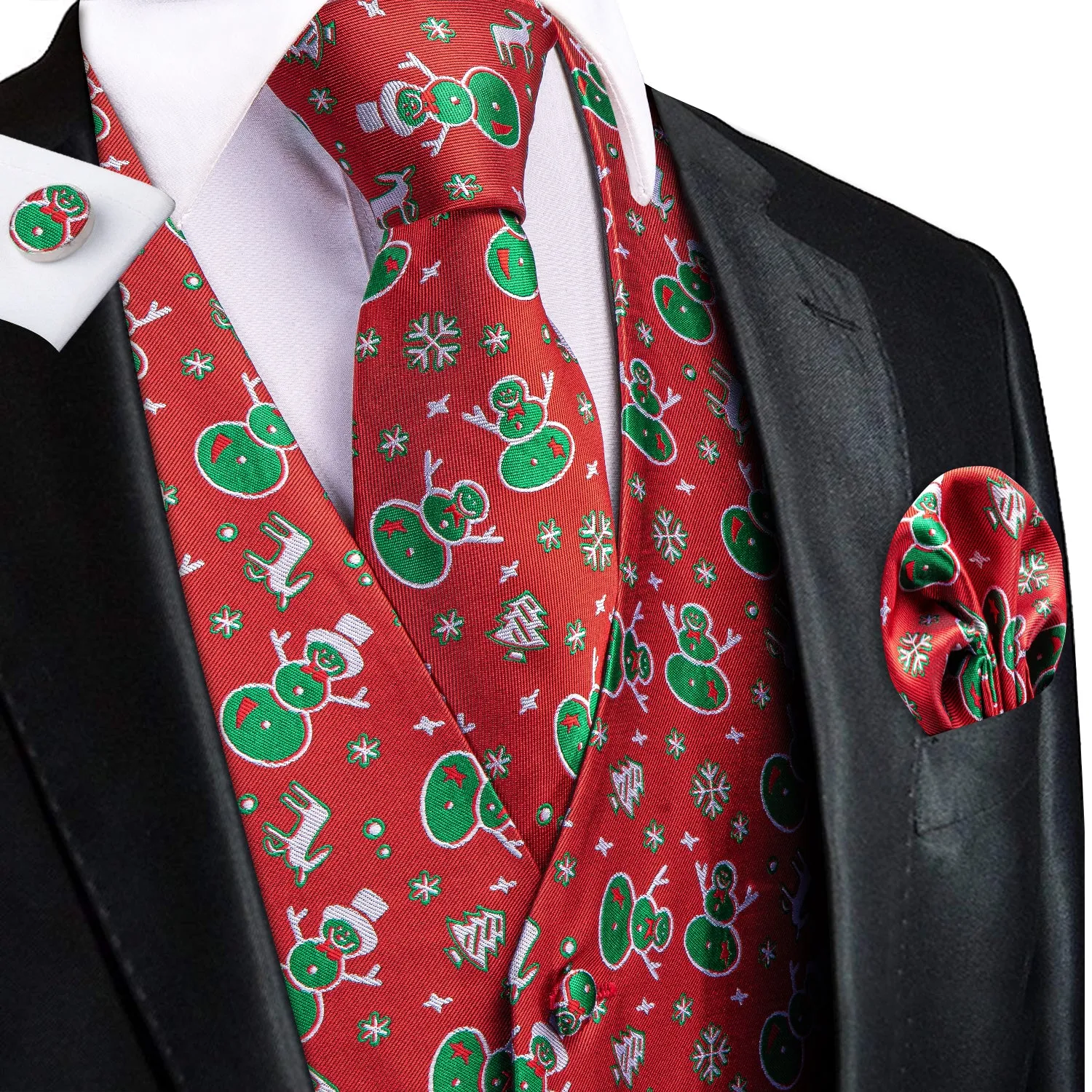 Christmas Red Green Snowmen Men's Vest Hanky Cufflinks Tie Set