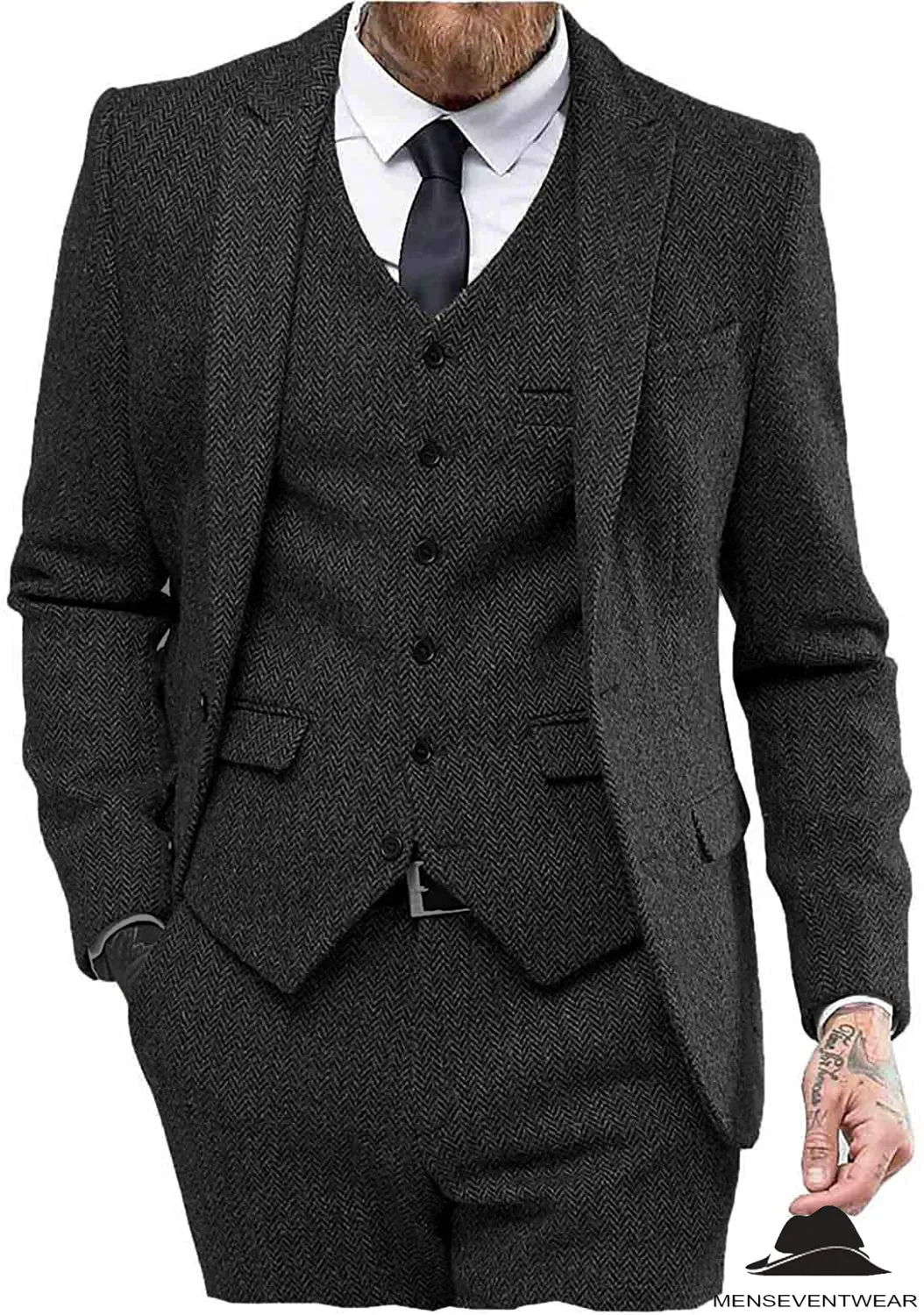 Classic 3 Pieces Mens Suit Herringbone Tweed Peak Lapel Tuxedos (Blazer vest Pants)