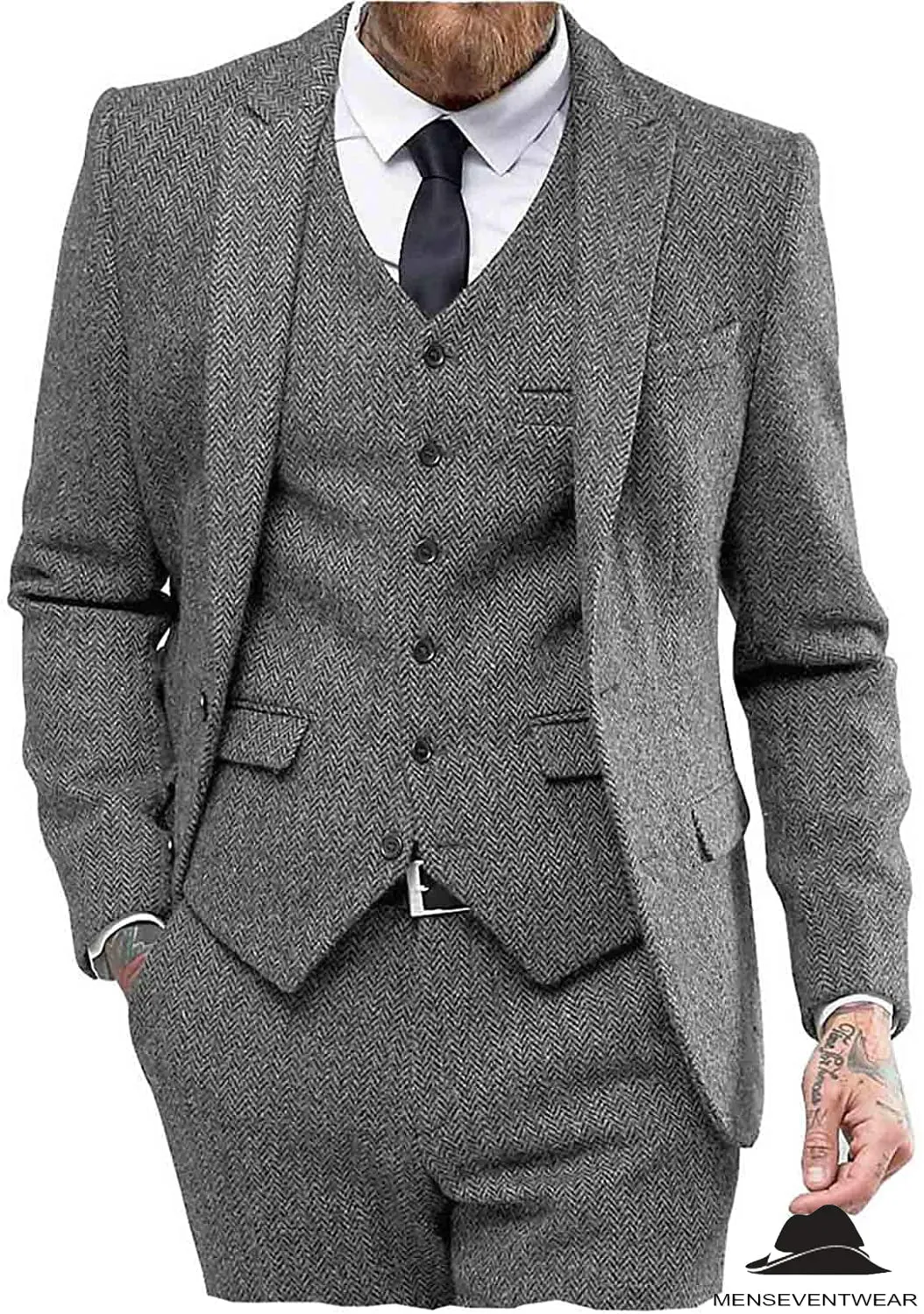 Classic 3 Pieces Mens Suit Herringbone Tweed Peak Lapel Tuxedos (Blazer vest Pants)