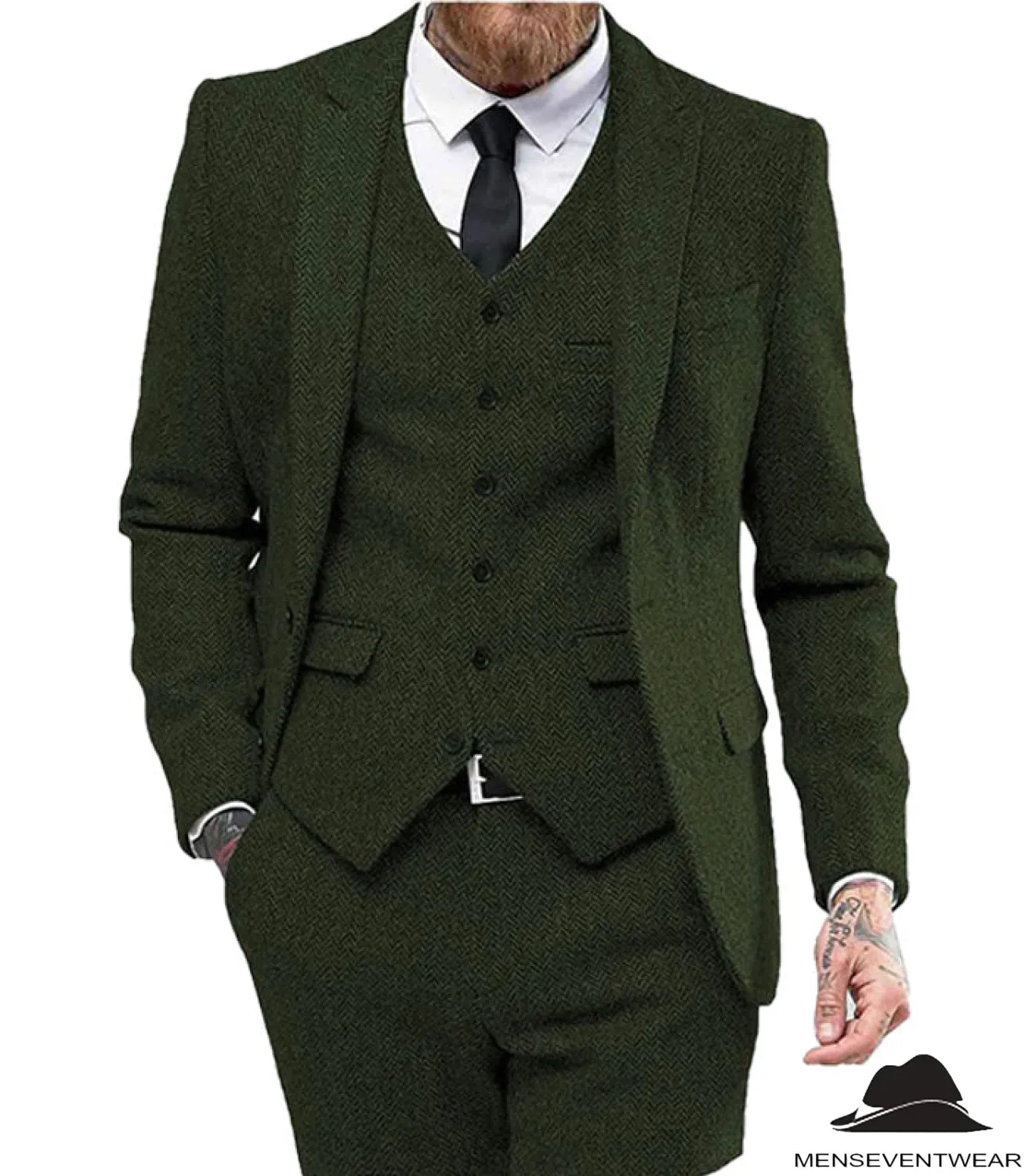 Classic 3 Pieces Mens Suit Herringbone Tweed Peak Lapel Tuxedos (Blazer vest Pants)