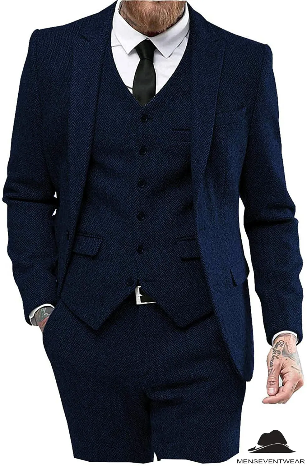 Classic 3 Pieces Mens Suit Herringbone Tweed Peak Lapel Tuxedos (Blazer vest Pants)