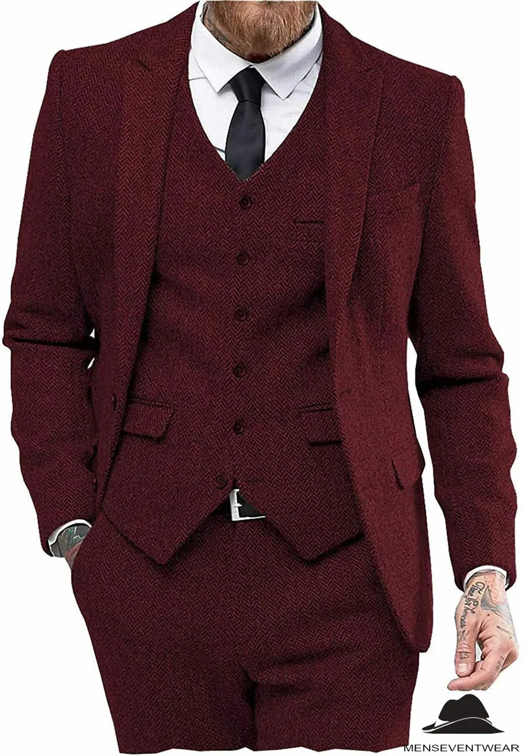 Classic 3 Pieces Mens Suit Herringbone Tweed Peak Lapel Tuxedos (Blazer vest Pants)