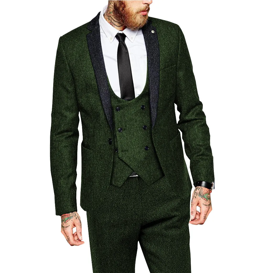 Classical 3 Piece Mens Suit Herringbone Notch Lapel Tuxedo (Blazer Vest Pants)