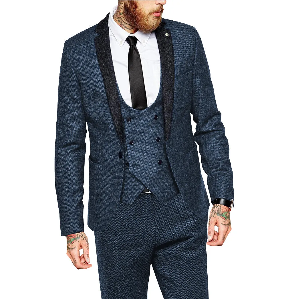 Classical 3 Piece Mens Suit Herringbone Notch Lapel Tuxedo (Blazer Vest Pants)