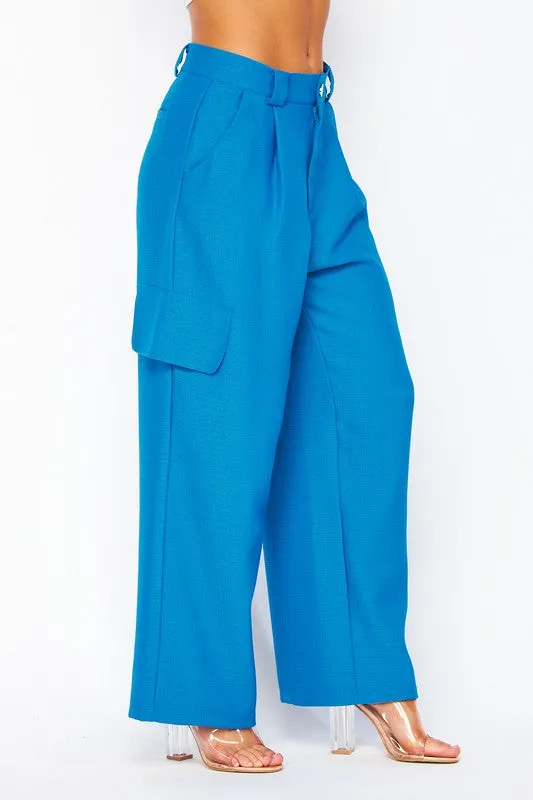 Cobalt Chanel Fabric Cargo Wide-leg Pants