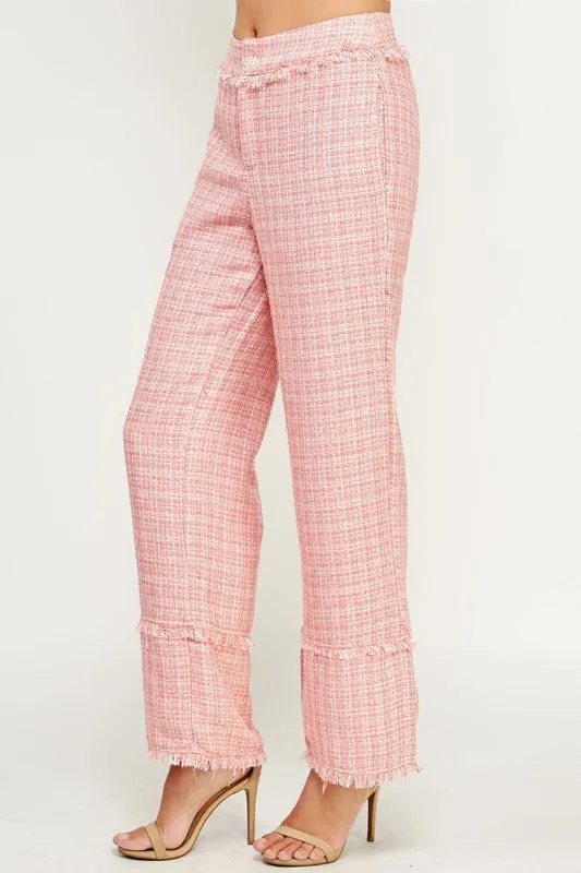 Coral Frayed Detail Tweed Pants