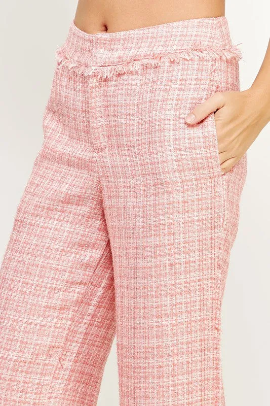 Coral Frayed Detail Tweed Pants