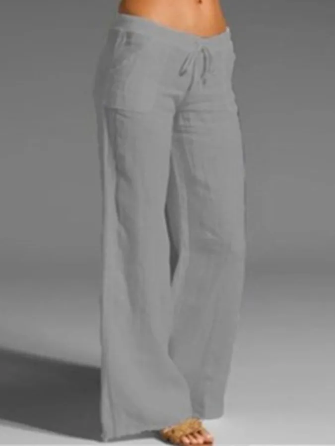 Cotton Linen Solid Color High Waist Wide Leg Pants