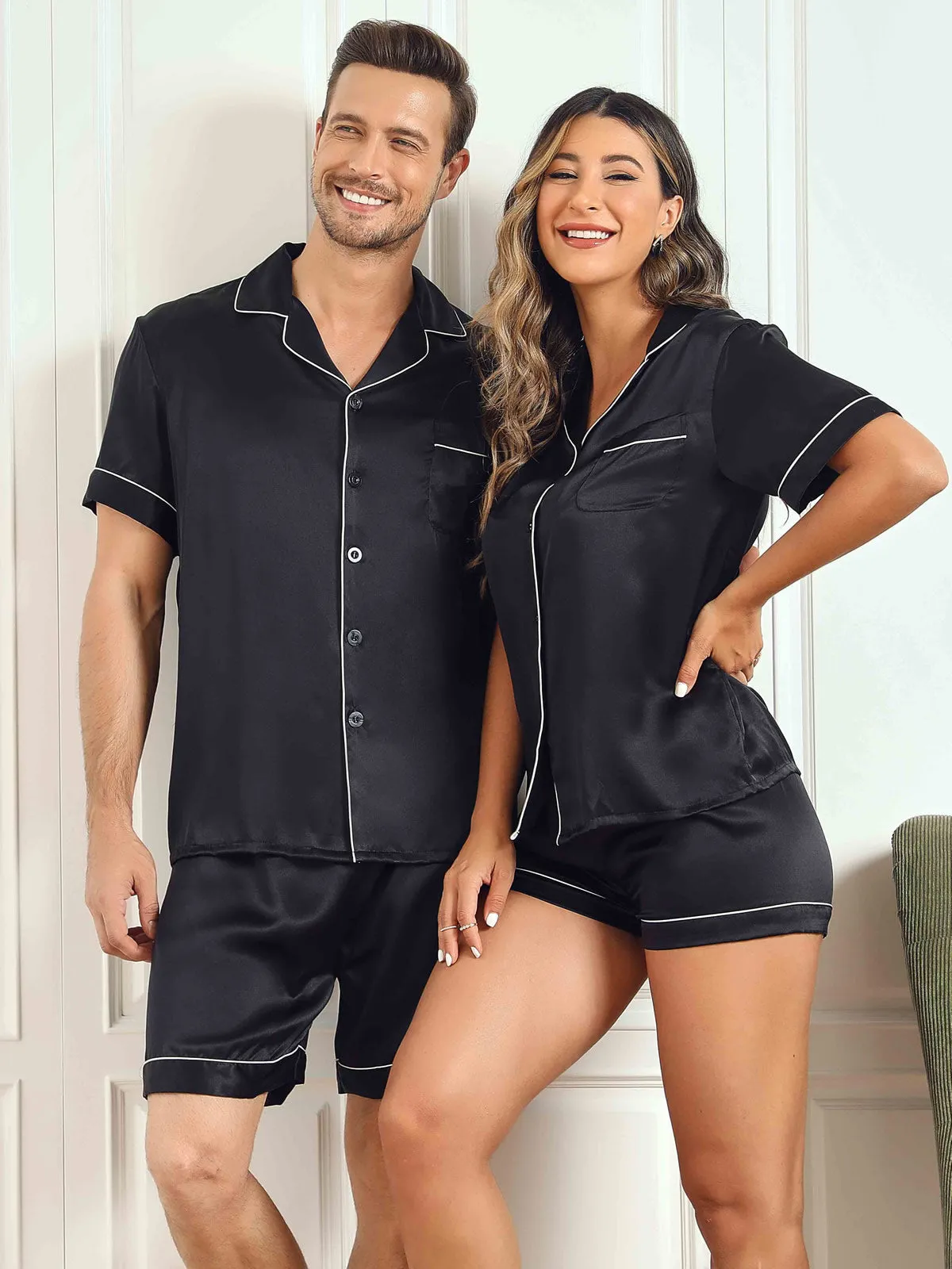 Couple Pure Silk Short Pajama Sets Total 4Pcs