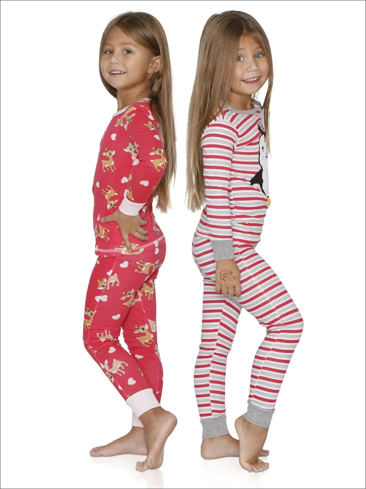 Cozy Couture Girls' 4 Piece Penguin And Reindeer  Cotton Pajamas