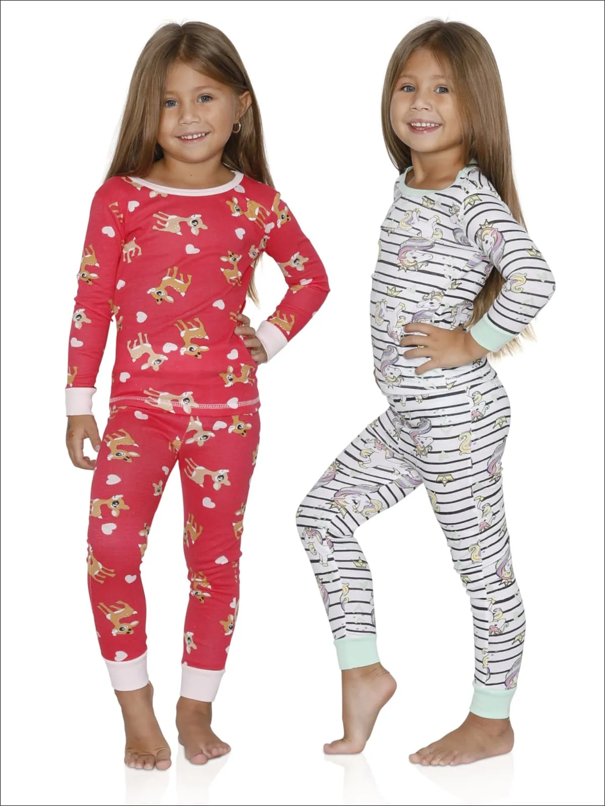 Cozy Couture Girls' Rainbow Unicorns and  Reindeer with Hearts  Cotton Pajamas